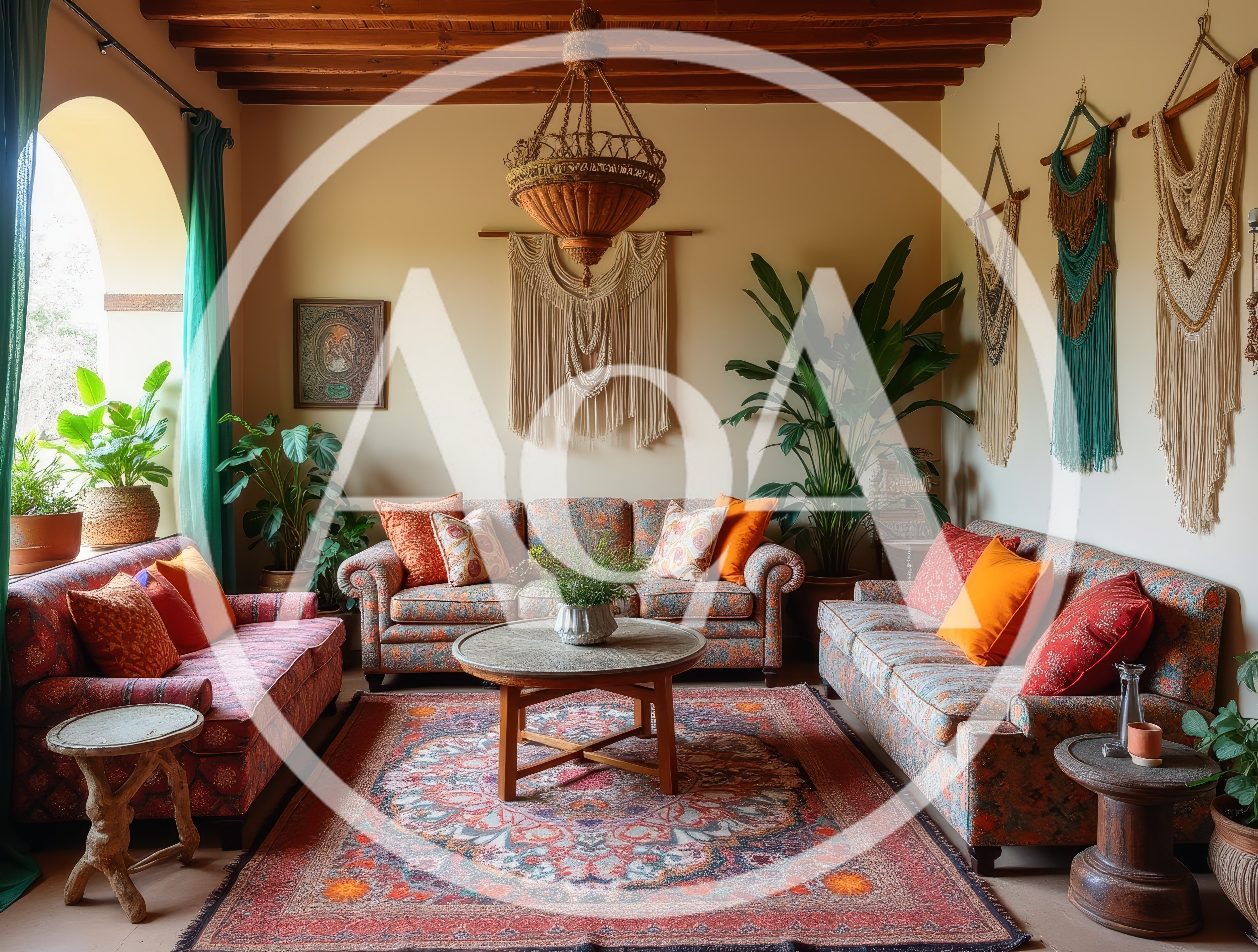Bohemian Living Room With Patterned Sofas And Macrame Decor