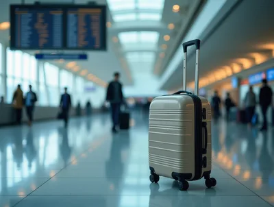 Beige Carry-On Suitcase Standing in Airport Terminal