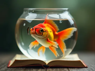 Goldfish Wearing Glasses Inside A Glass Fishbowl On Book