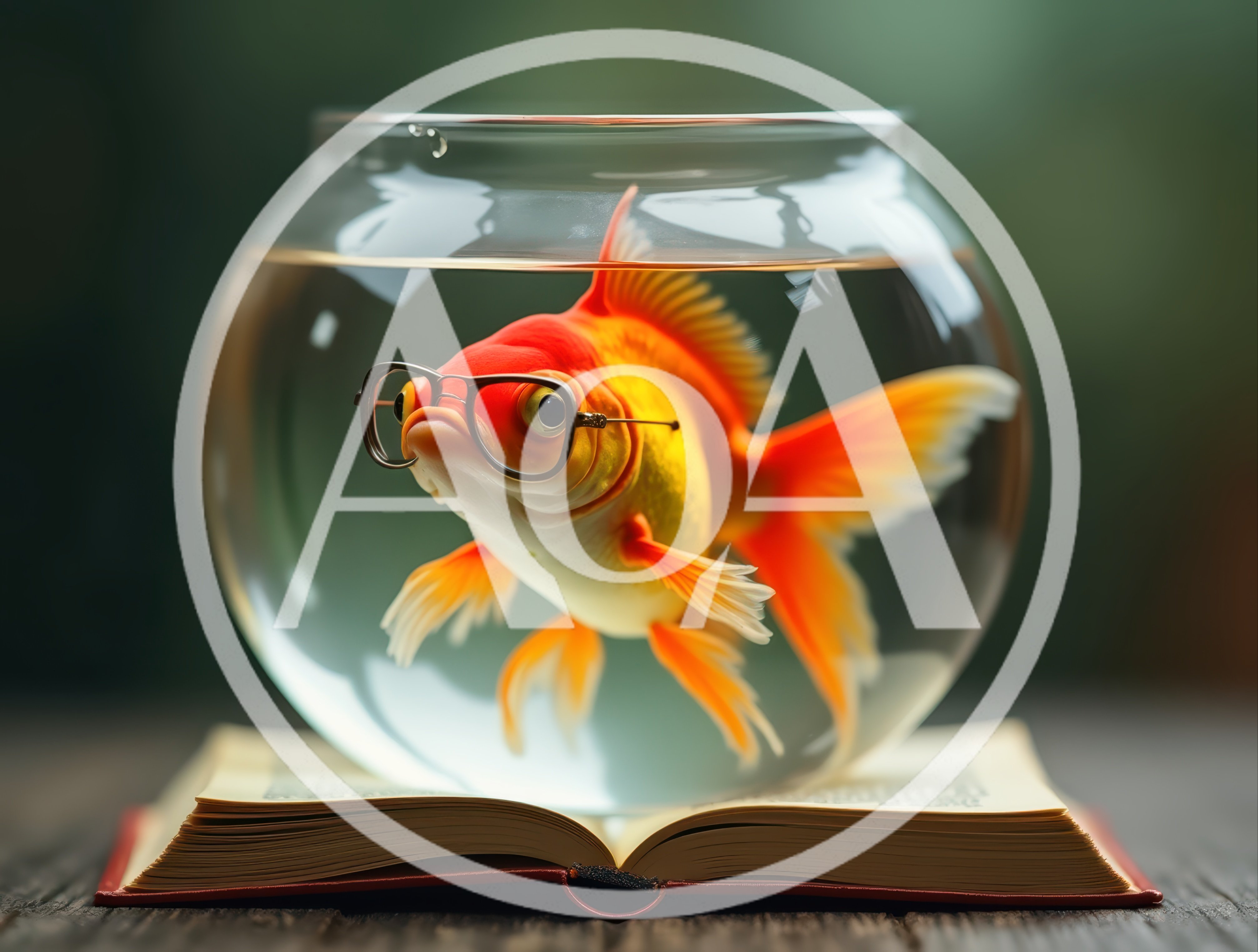 Goldfish Wearing Glasses Inside A Glass Fishbowl On Book