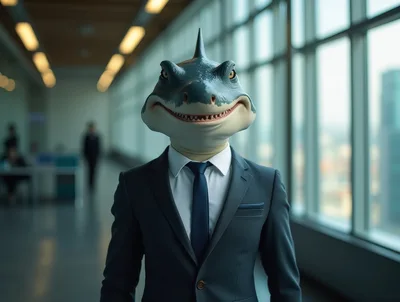 Anthropomorphic Shark Businessman Standing In Modern Office Hallway