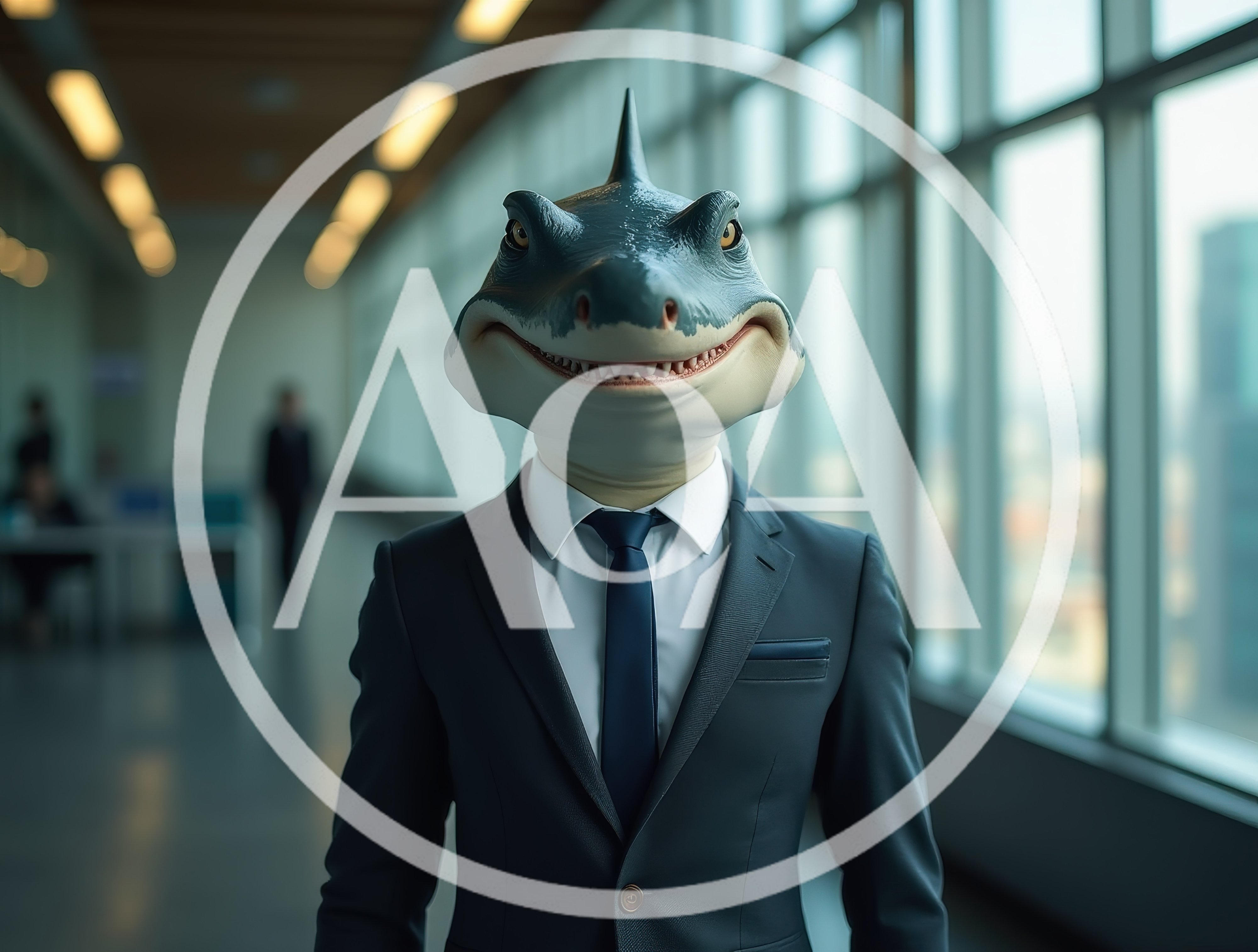 Anthropomorphic Shark Businessman Standing In Modern Office Hallway