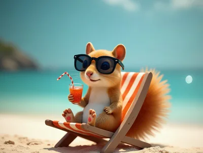 Cute Squirrel Relaxing On A Beach Chair With A Drink