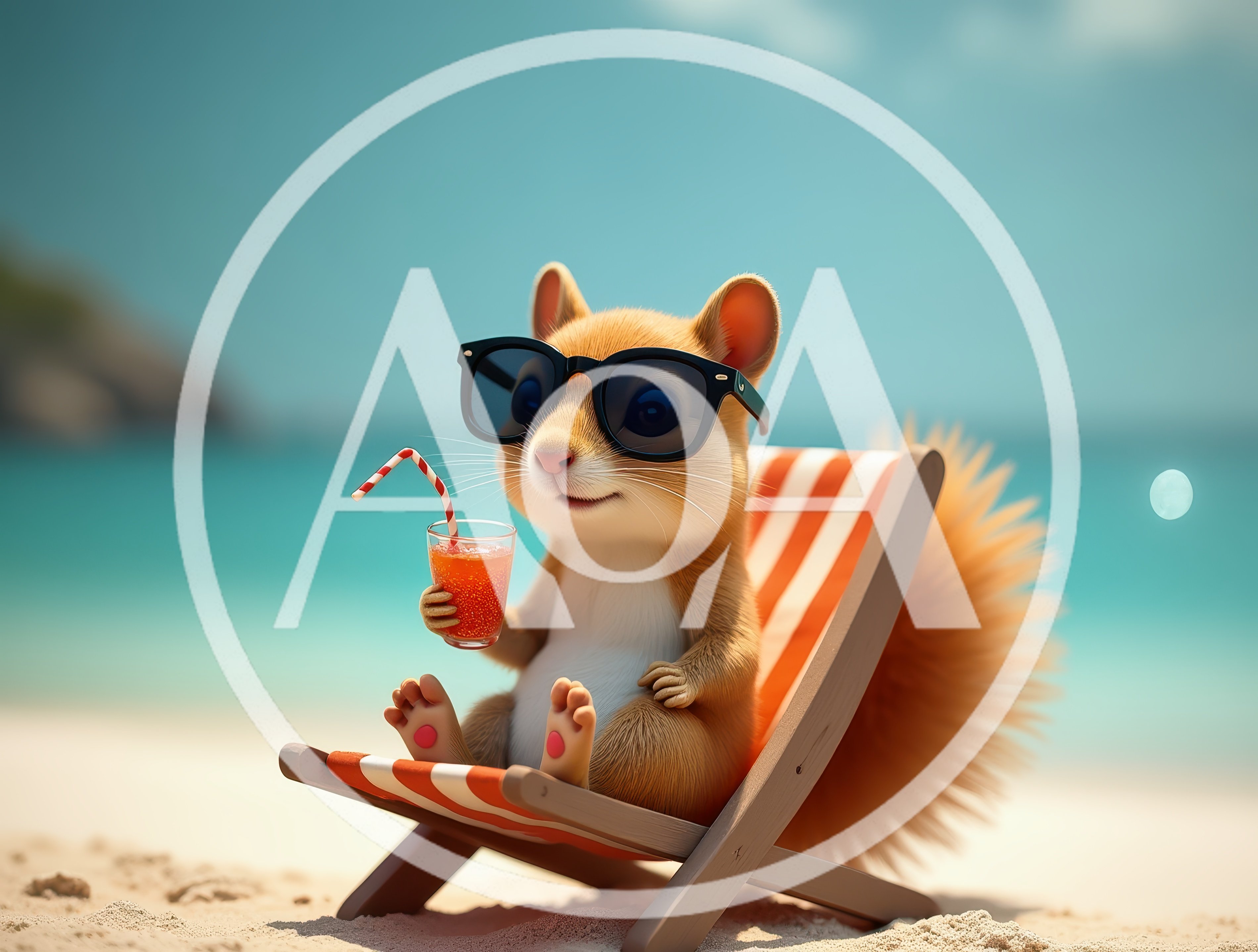Cute Squirrel Relaxing On A Beach Chair With A Drink