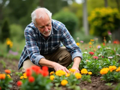 Senior Man Gardening In A Flower Bed