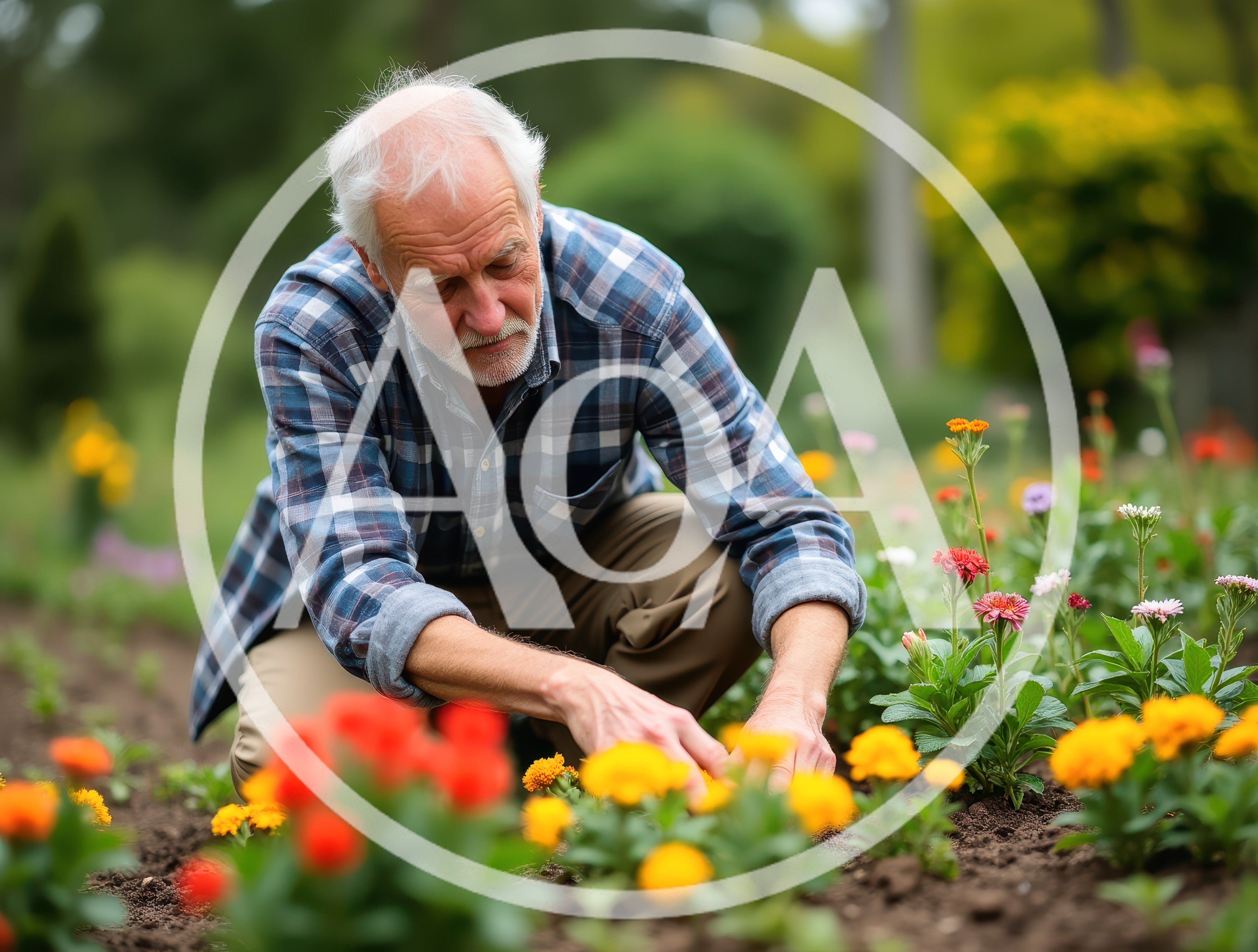 Senior Man Gardening In A Flower Bed