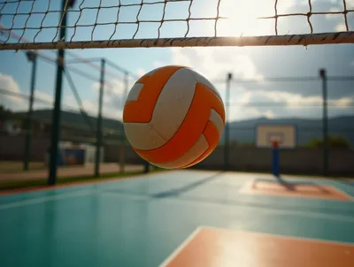 Volleyball Suspended In Midair Above Outdoor Court
