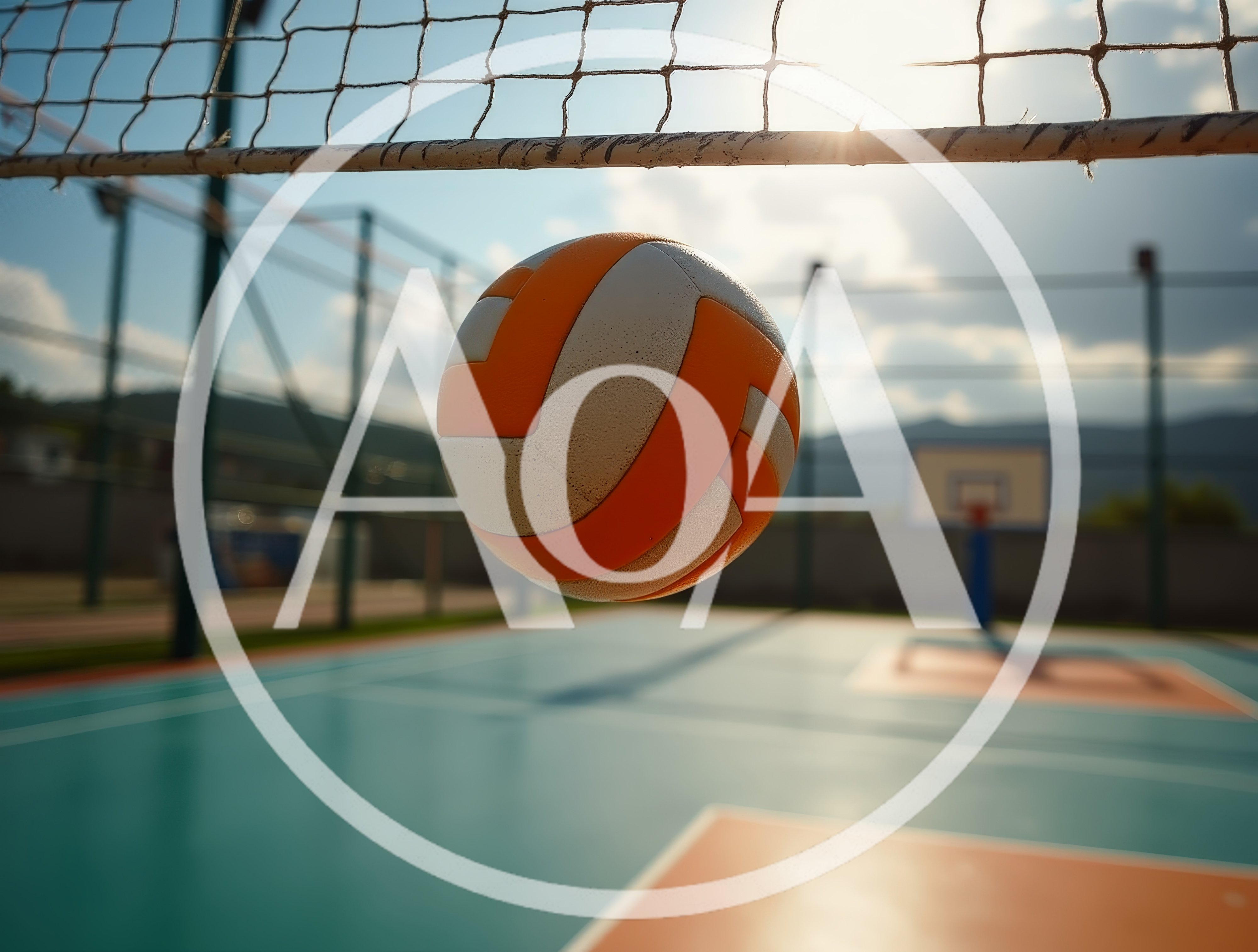Volleyball Suspended In Midair Above Outdoor Court