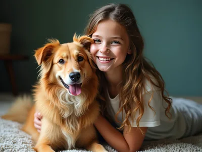 Happy Young Girl Hugging Her Golden Dog