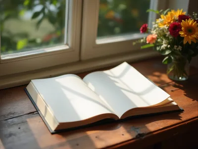 Open Blank Book On A Sunny Wooden Windowsill
