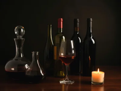 Wine Bottles Decanters And Glass With Candle