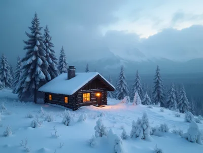 Cozy Log Cabin In Snowy Mountain Landscape