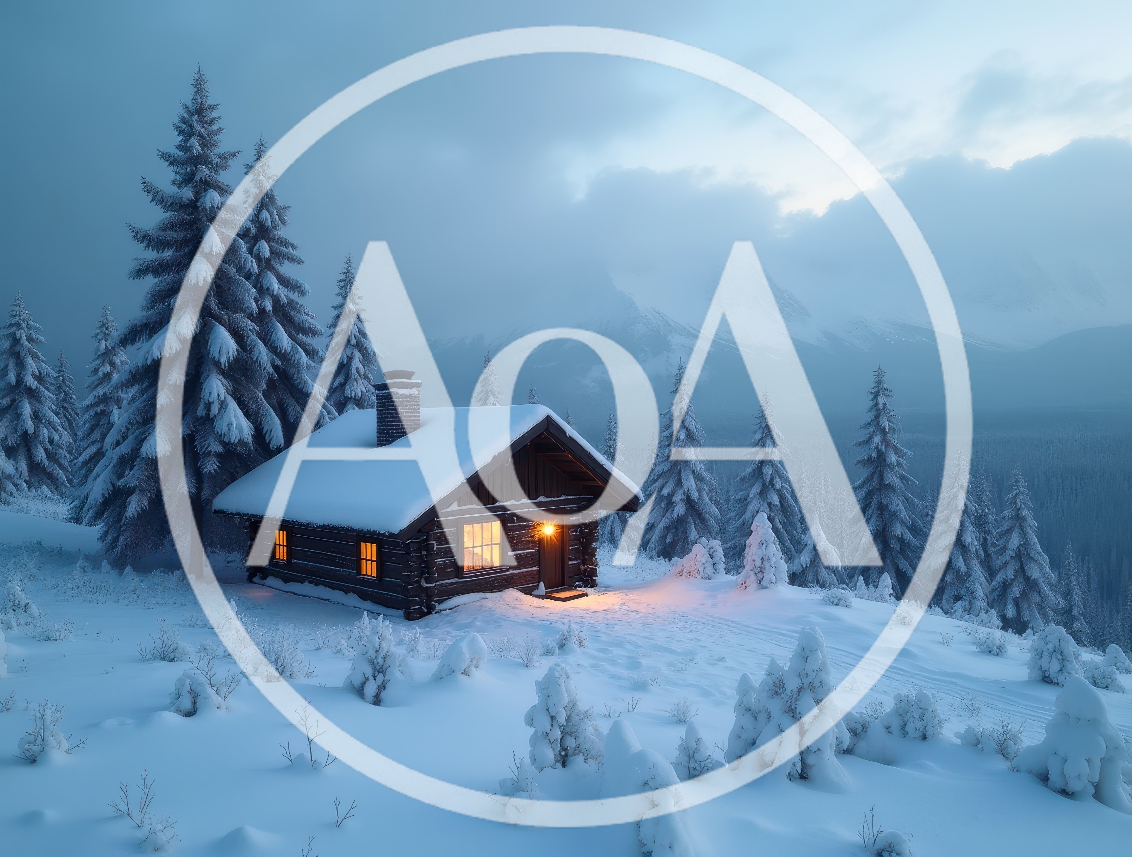 Cozy Log Cabin In Snowy Mountain Landscape
