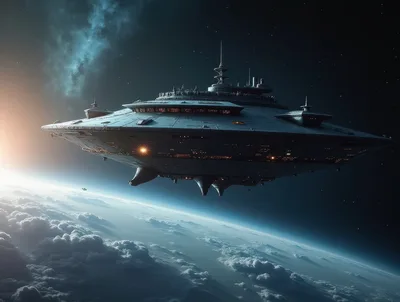 Massive Futuristic Spaceship Orbiting A Planet