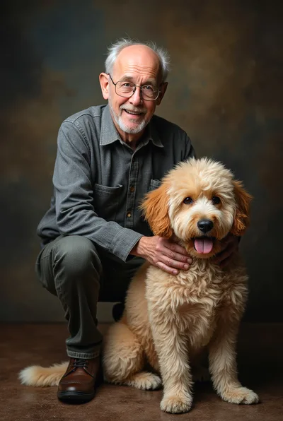 Senior Man Kneeling With His Golden Doodle Dog