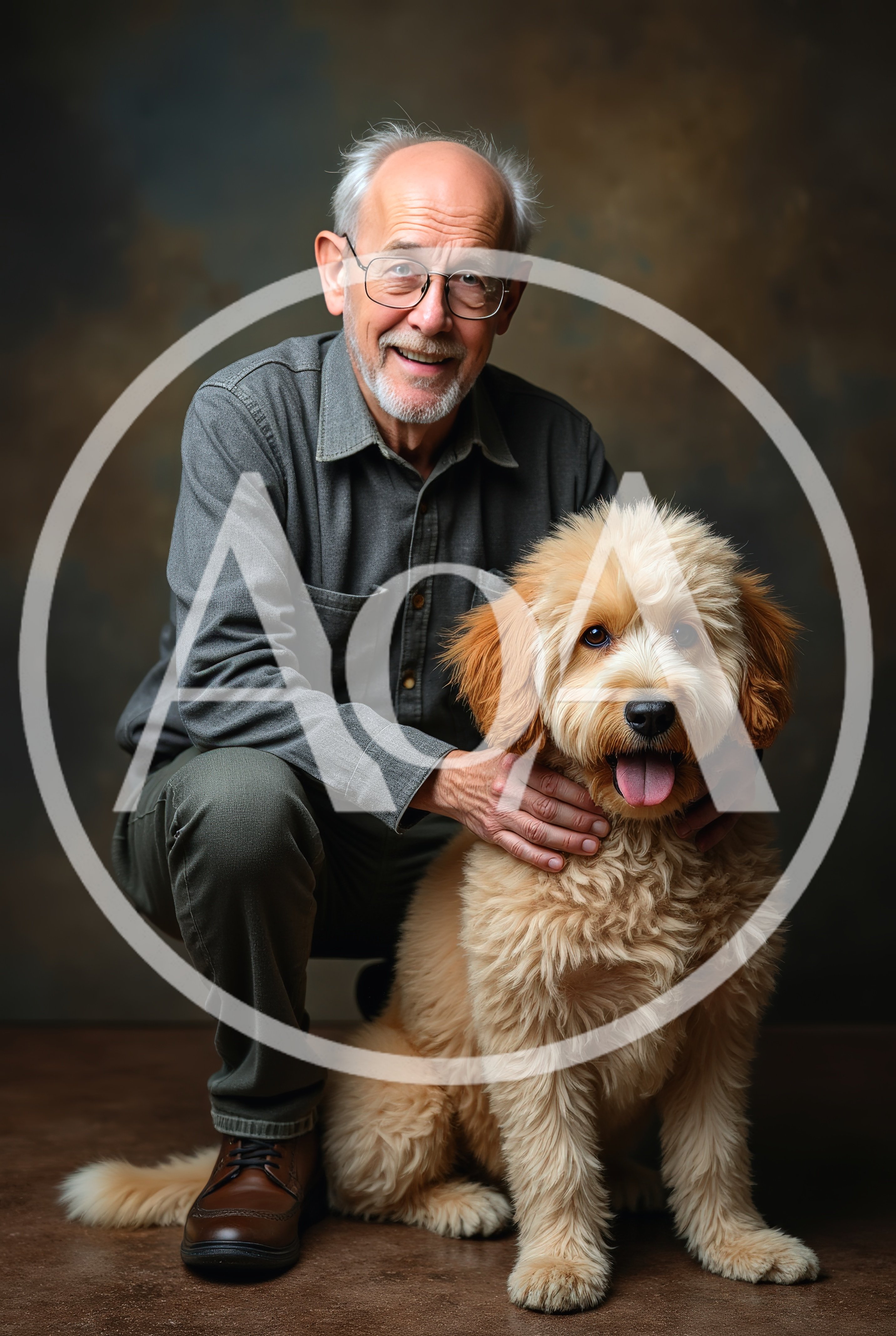 Senior Man Kneeling With His Golden Doodle Dog