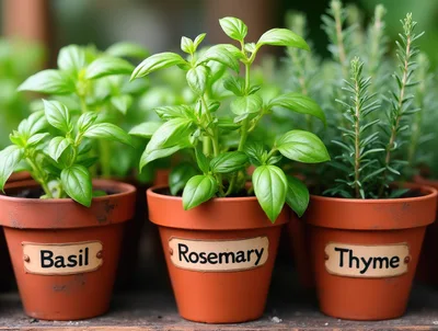 Three Potted Herb Plants With Labeled Terracotta Pots