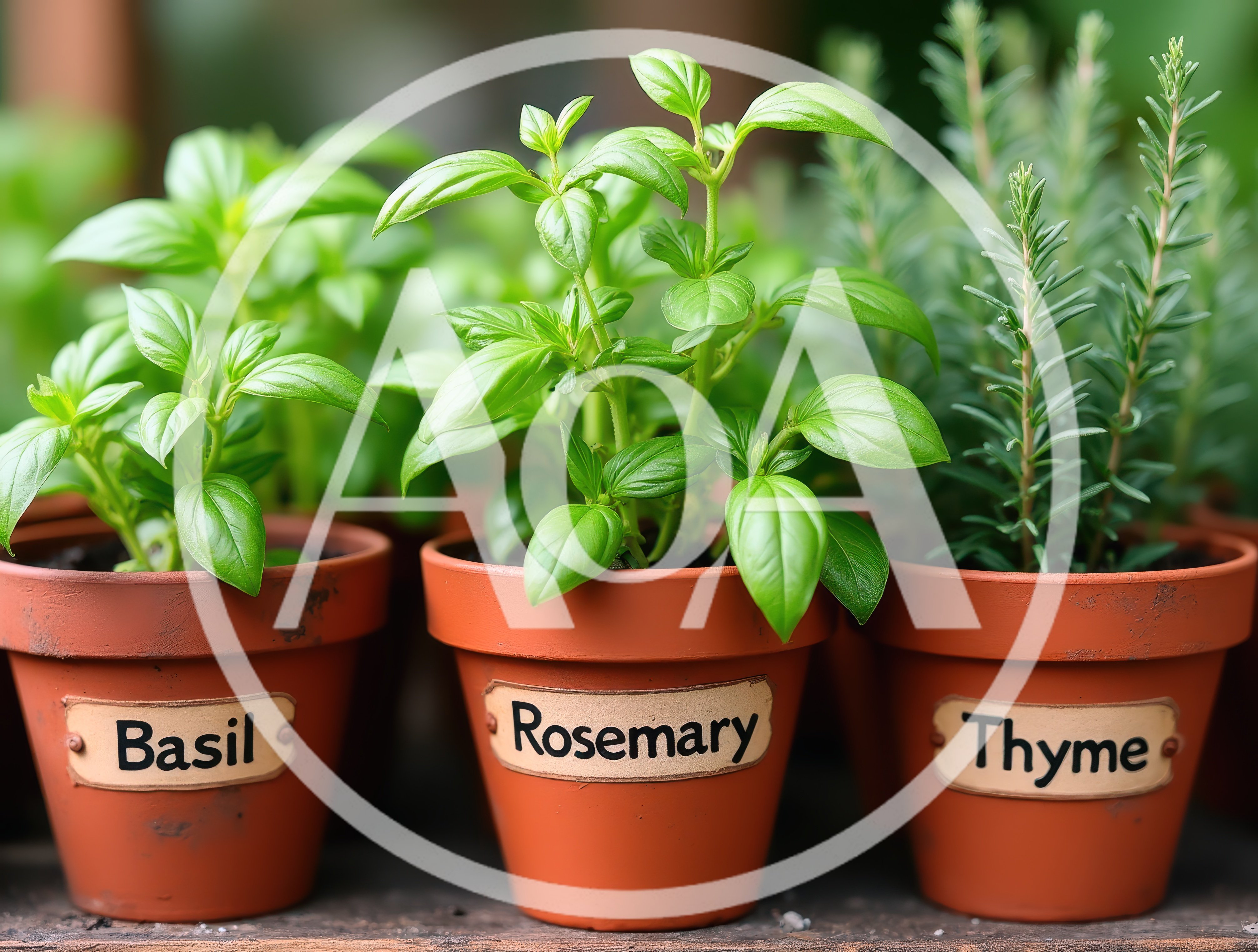 Three Potted Herb Plants With Labeled Terracotta Pots
