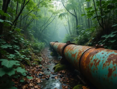 Rusty Industrial Pipeline Running Through A Misty Forest