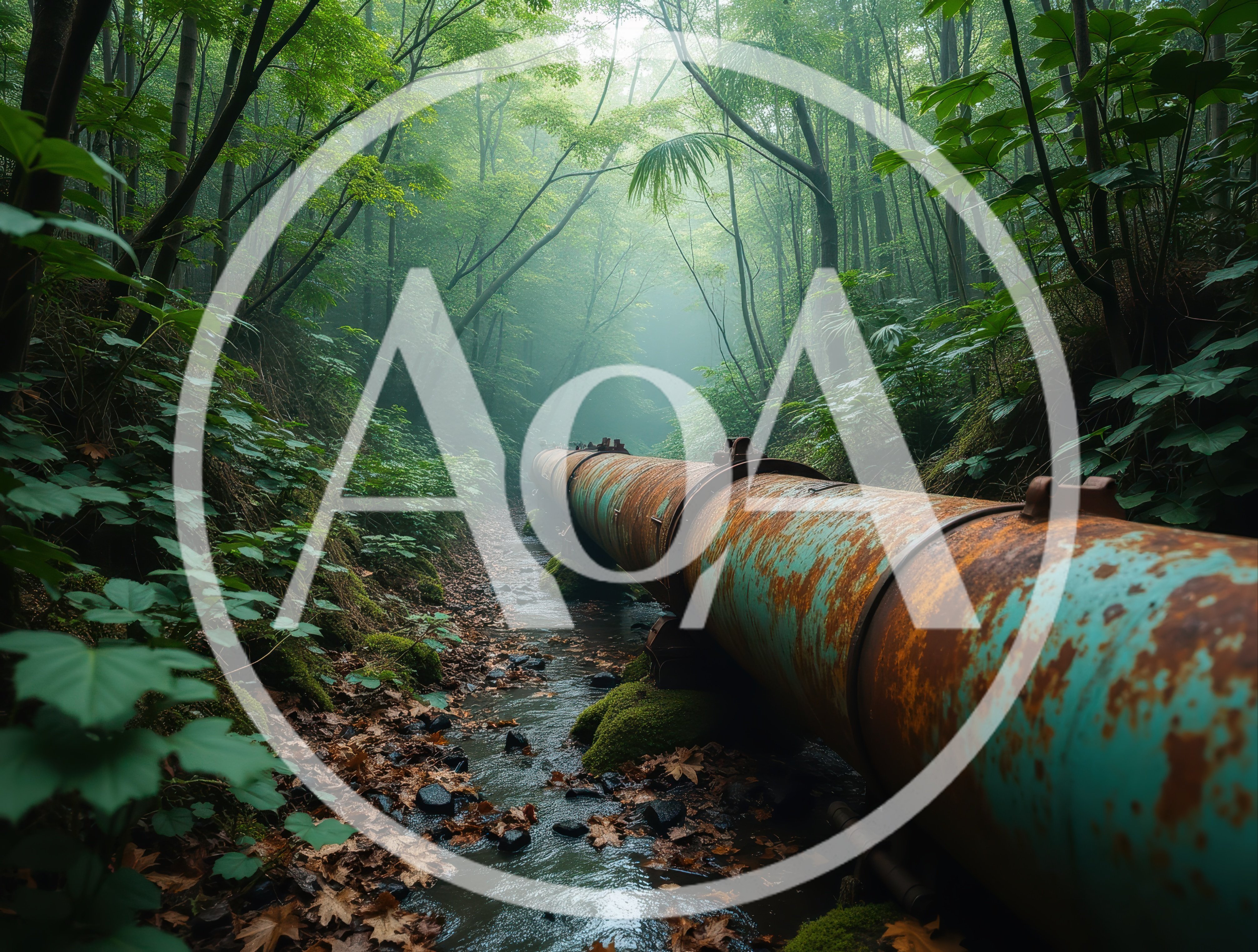 Rusty Industrial Pipeline Running Through A Misty Forest