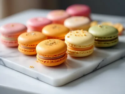 Assorted Colorful Macarons Arranged on Marble Board