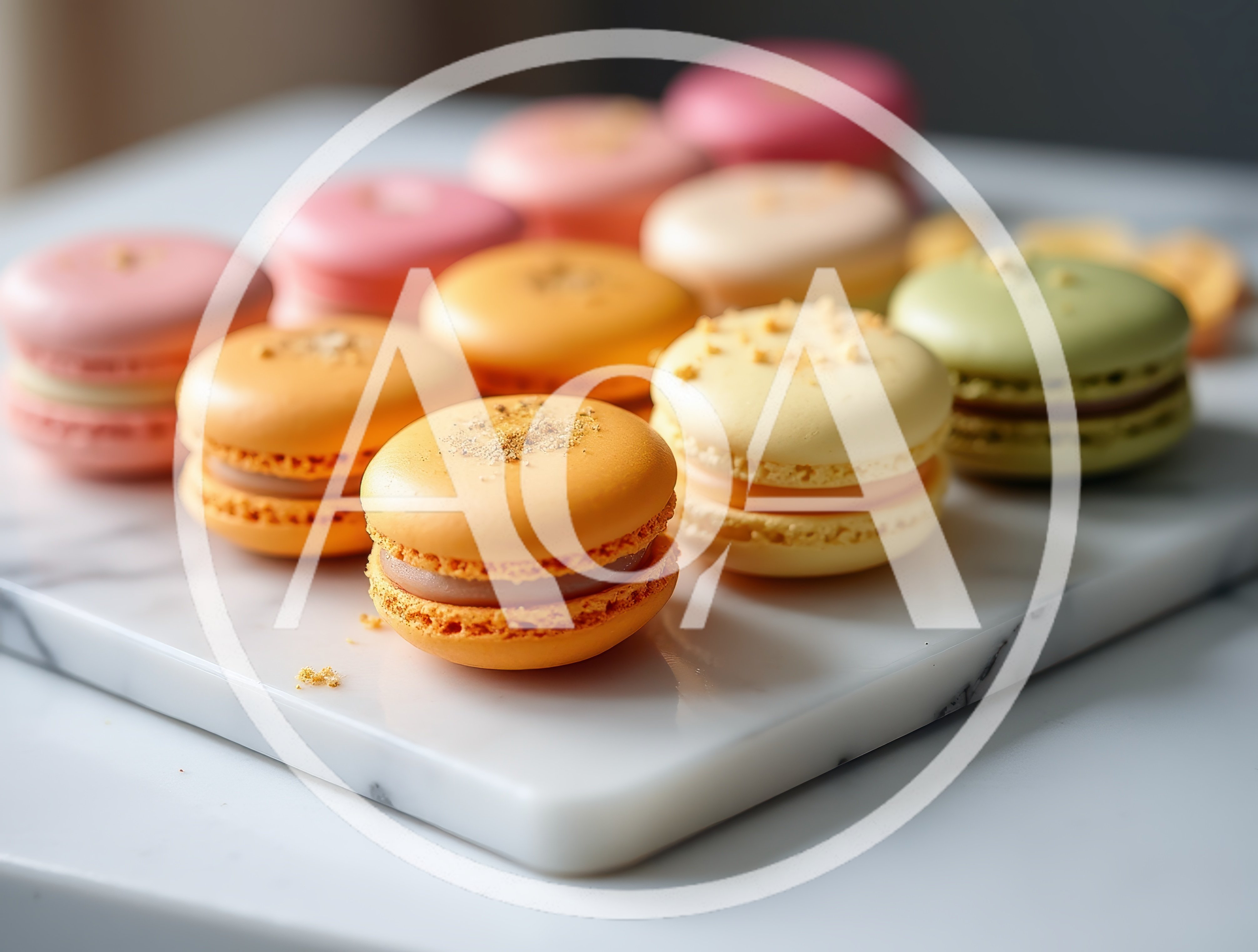 Assorted Colorful Macarons Arranged on Marble Board