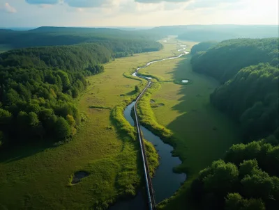 Aerial View Of A Train Traveling Through A Green Valley
