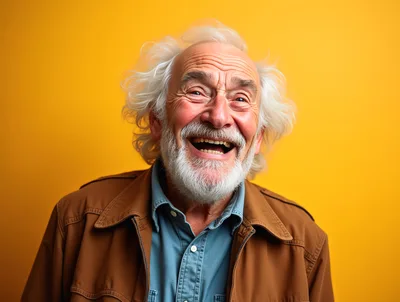 Happy Elderly Man Laughing Against Yellow Background