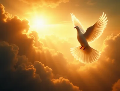 White Dove Flying Against Golden Sunset Clouds