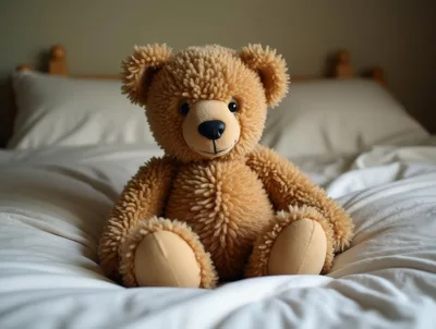 Fluffy Brown Teddy Bear Sitting On A White Bed