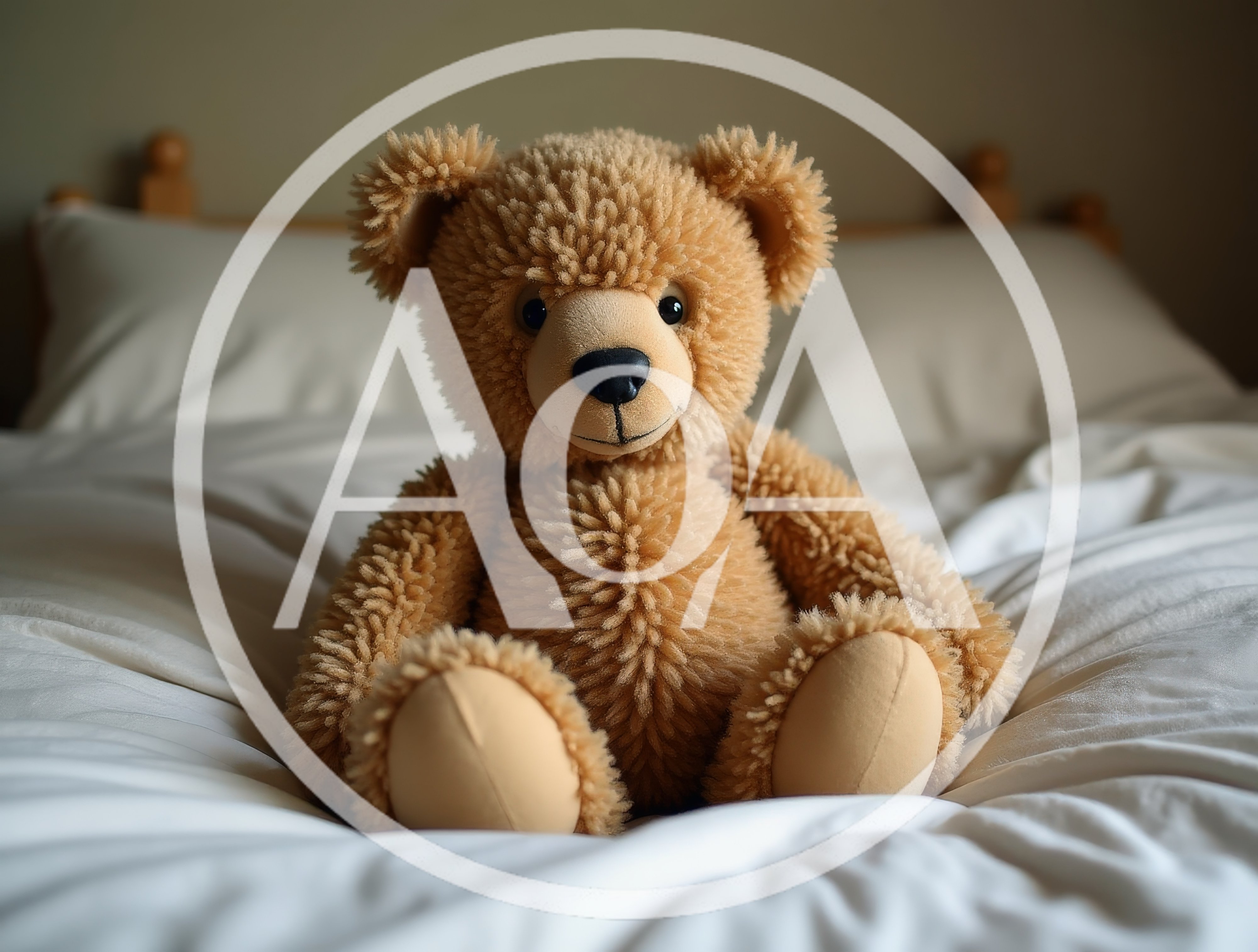 Fluffy Brown Teddy Bear Sitting On A White Bed
