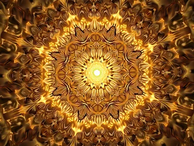Golden Fractal Kaleidoscope Pattern With Radiant Center