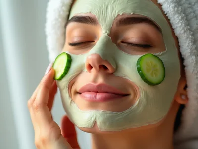 Woman Relaxing With Cucumber Slices And Facial Mask