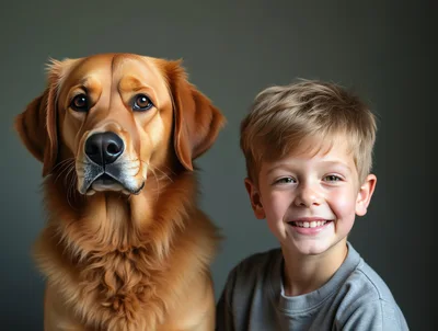 Portrait Of A Young Boy And His Golden Retriever