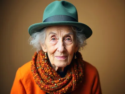 Portrait Of An Elderly Woman Wearing A Green Hat
