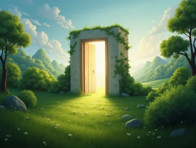 Open Wooden Door Standing In A Lush Green Meadow