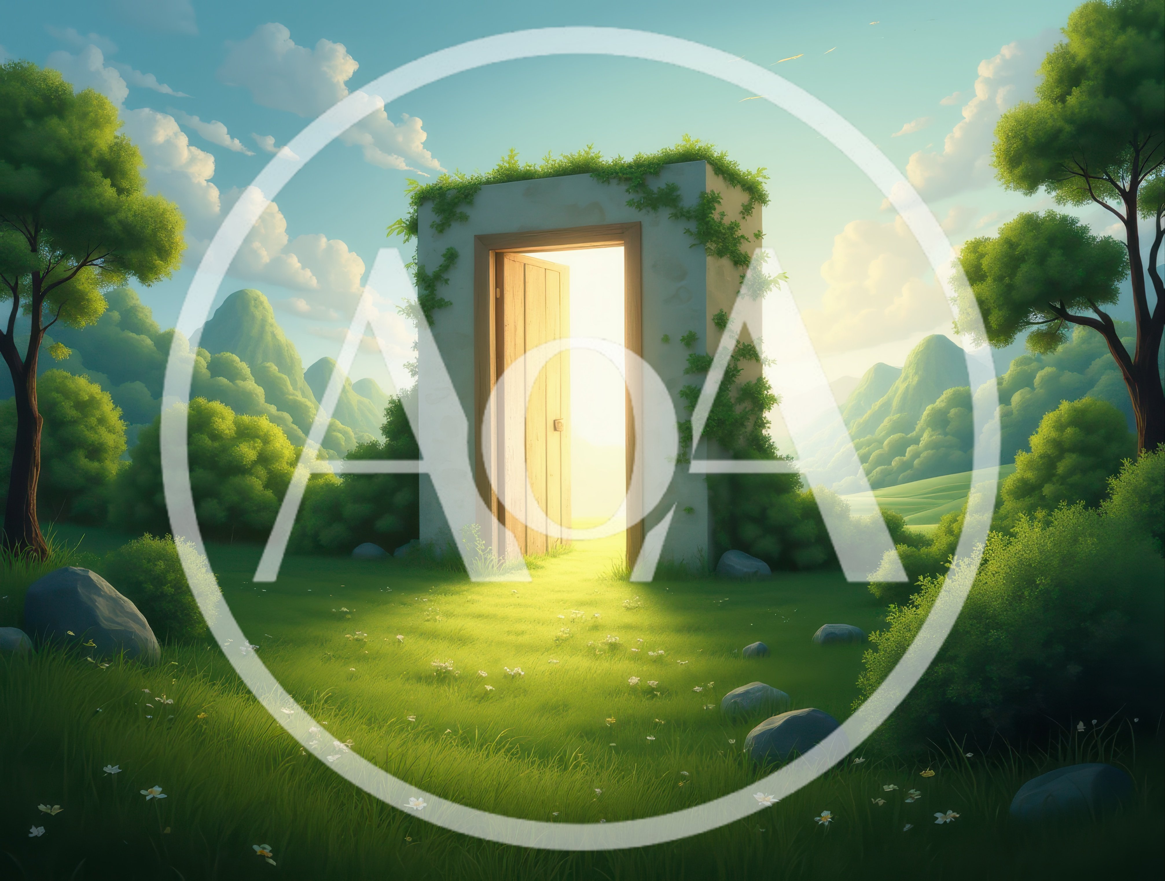 Open Wooden Door Standing In A Lush Green Meadow
