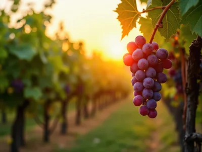 Red Grapes Hanging In A Vineyard At Sunset