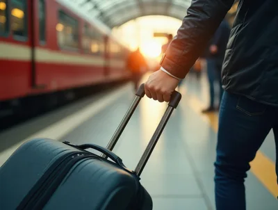 Traveler Holding Suitcase Handle at Train Station Platform