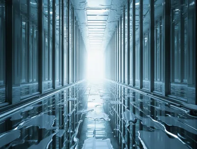 Futuristic Server Room Corridor With Liquid Floor Reflections