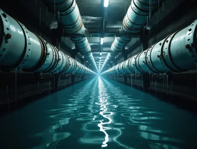 Industrial Underground Tunnel With Water And Pipes