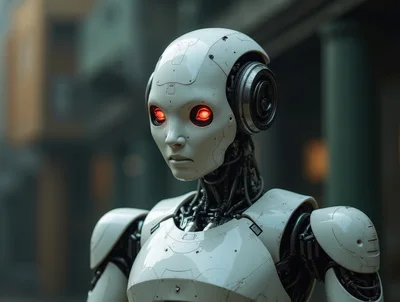 Humanoid Robot With Glowing Red Eyes