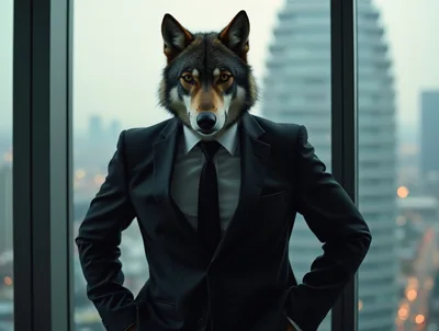 Anthropomorphic Wolf Businessman Standing In Office