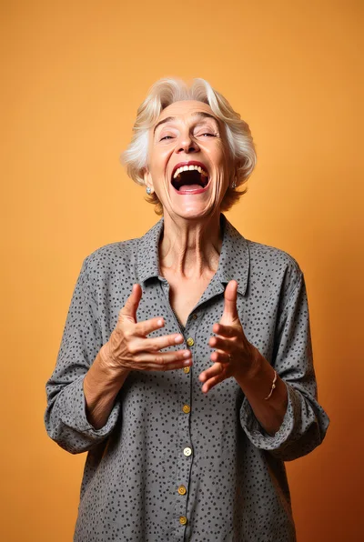 Laughing Senior Woman Gesturing Against Orange Background