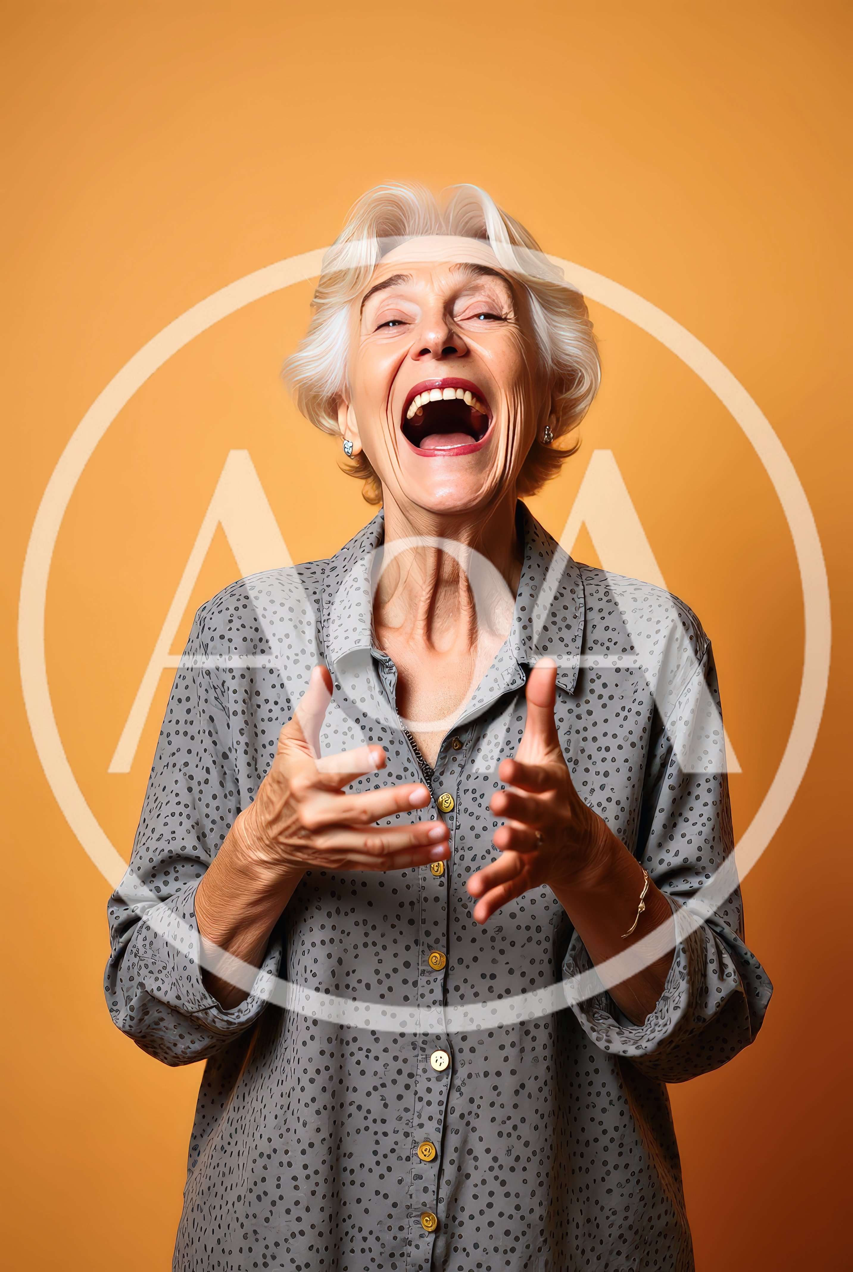 Laughing Senior Woman Gesturing Against Orange Background