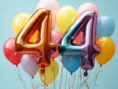 Gold and Iridescent Number Forty Four Balloons