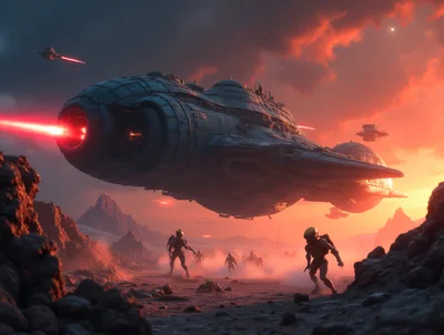 Futuristic Spaceship Firing Laser Over Alien Battlefield