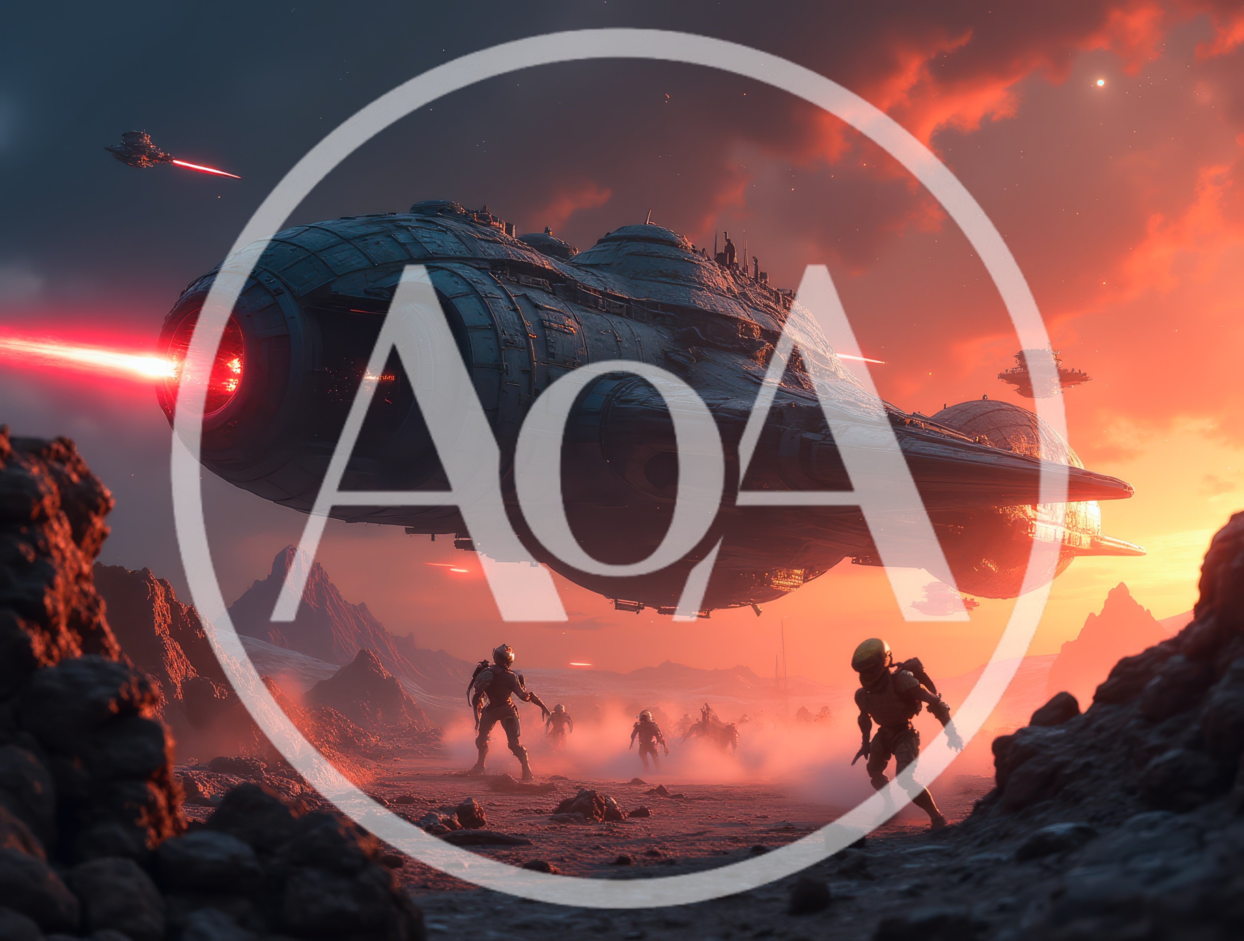 Futuristic Spaceship Firing Laser Over Alien Battlefield