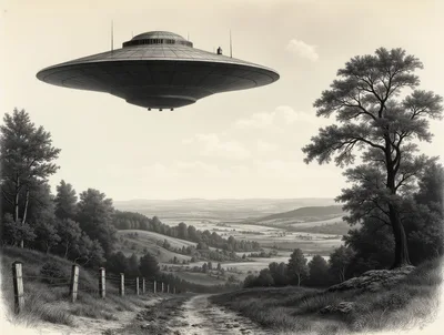 Vintage Style Illustration Of A Flying Saucer Over Countryside