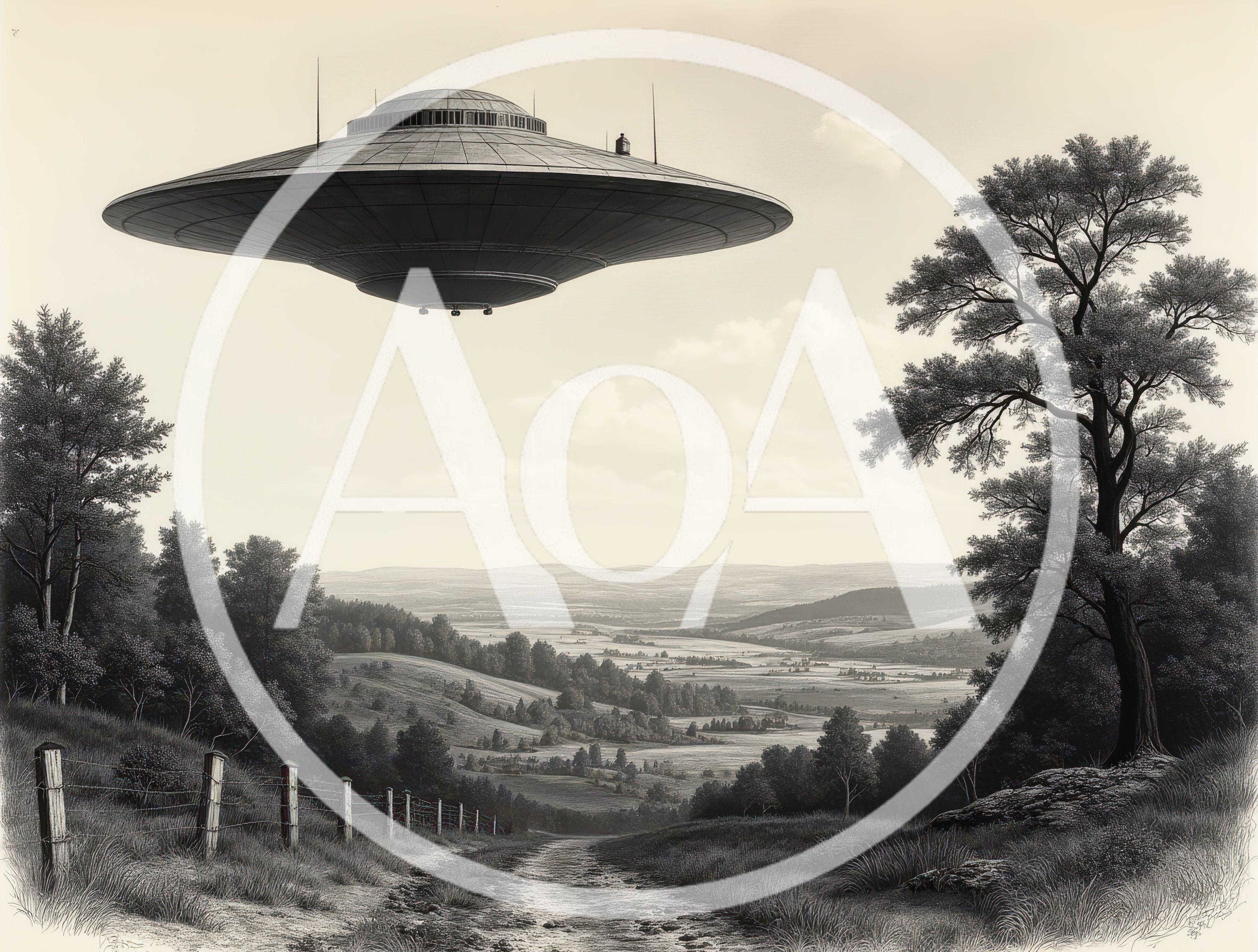 Vintage Style Illustration Of A Flying Saucer Over Countryside